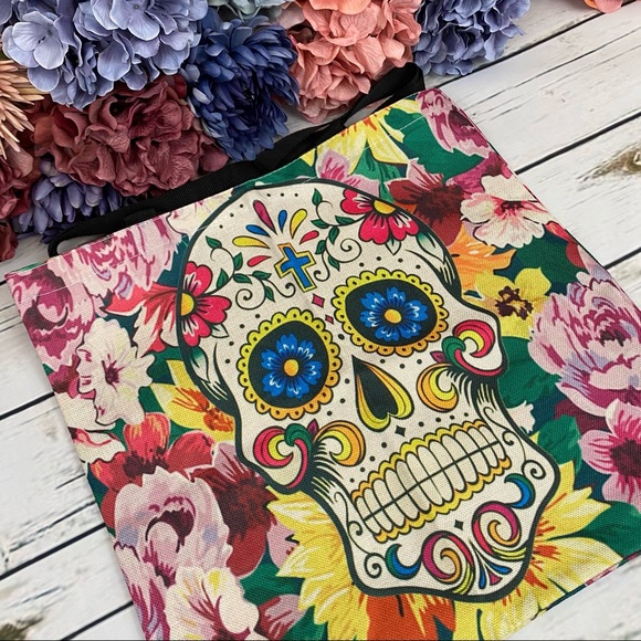 Eco-Friendly Colorful Sugar Skull Folding Tote Bag - Picture 4 of 14